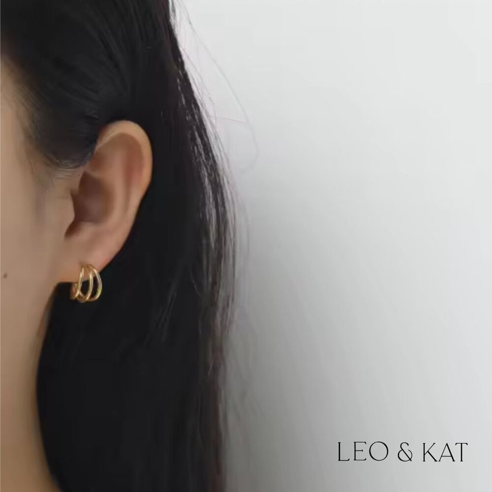 Gold Triple Loop Earrings. 925 Sterling Silver. #1048